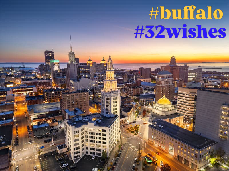 Buffalo skyline at sunset, labeled #buffalo #32wishes