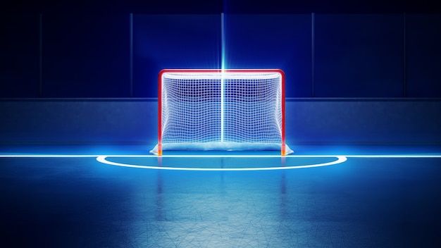 Empty hockey goal lit up in neon blue