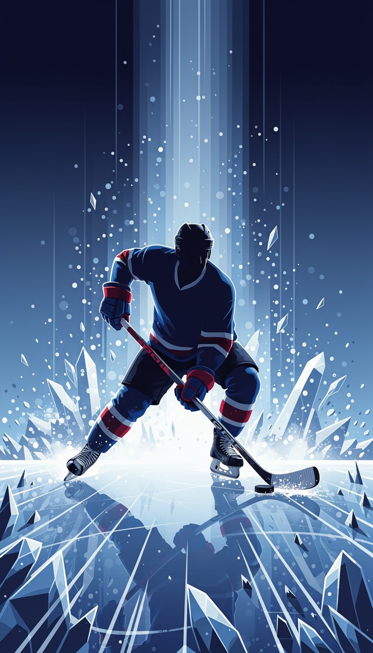 Illustration of an ice hockey player handling a puck on fractured ice