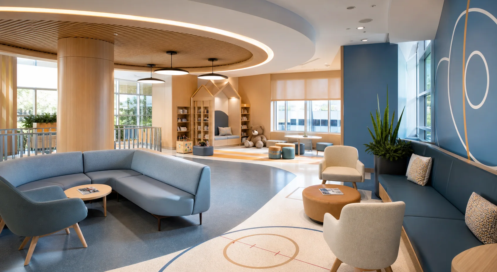 Welcoming accessible pediatric family lounge with subtle ice-hockey-inspired details