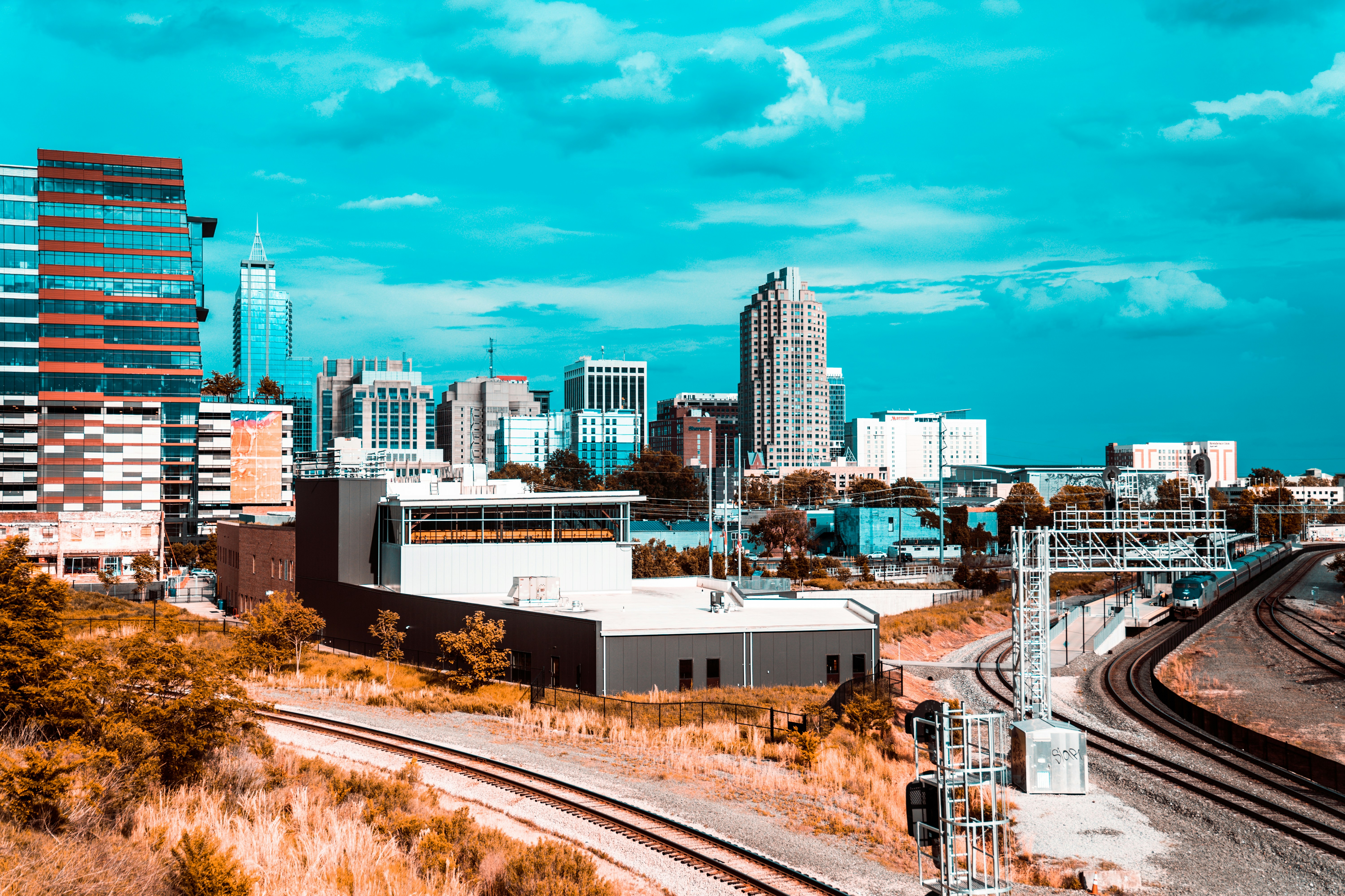View of downtown Raleigh, North Carolina near railroad tracks